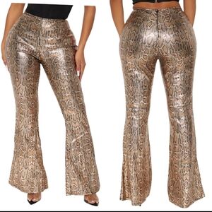 FASHION NOVA Lined Sequin Snakeskin High Rise Flare Pants 3X Gold NEW W/TAGS
